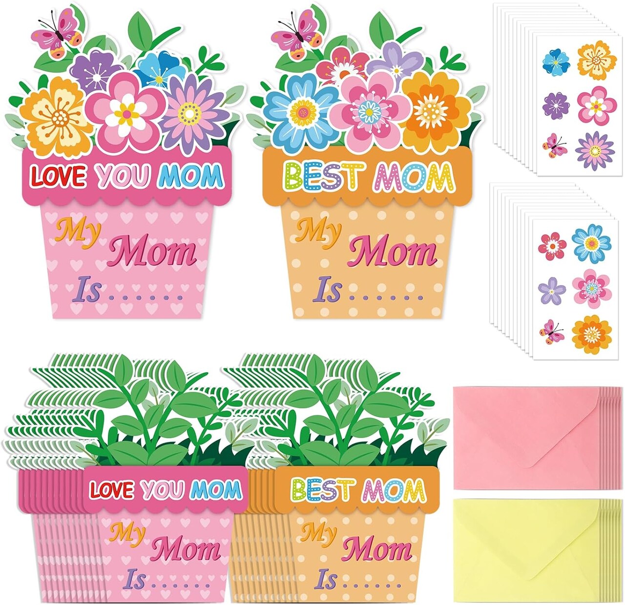 Mother’s Day Card Making Kit for Kids – 24 Sets DIY Flowerpot Greeting Cards with Envelopes, Stickers & Glue Dots, Handmade Classroom Craft Gifts for Mom (Flowerpot)